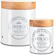 KHG Zwiebel- & Knoblauch Aufbewahrung, Vorratsdosen Keramik Steingut Weiß Holz-Deckel Bambus run…