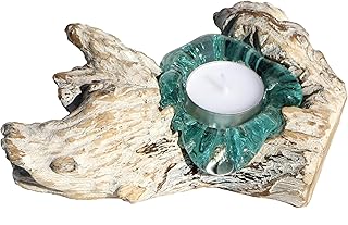 Weißer Glas Teelichthalter auf Wurzel-Holz – White Line Collection – Maritime Mediterrane Deko a…