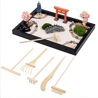 Belle Vous Japanische Deko Mini Zen Garten Set – 20 x 28 cm – Miniatur mit Zen-Sand, 6 Werkzeugen…