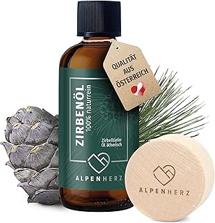 ALPEN HERZ Zirbenöl 100 ml mit Duftstein aus Zirbenholz – 100% naturrein ätherisches Zirbelkief…
