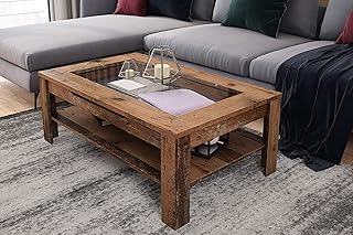 byLIVING Couchtisch Ralph/Eiche-Altholz-Optik dunkel-braun/Sofatisch mit Glaseinlage und großzü…