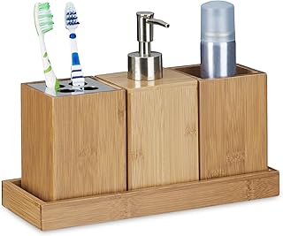 Relaxdays Bad-Accessoires-Set 4-teilig, Bambus, Zahnbürstenhalter, Seifenspender, Seifenablage, …