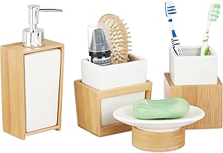 Relaxdays Badezimmer Set, 4-teiliges Badzubehör aus Keramik und Bambus, Seifenspender und Zahnpu…