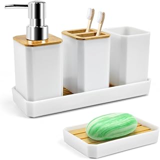 5 Stück Badezimmer Zubehör Set Weiß Bambus Bad Accessoires Set mit Zahnbürstenhalter, Zahnput…