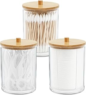 Gukasxi 3 Stück Acryl-Qtip-Halter mit Bambus-Deckeln, Badezimmer-Behälter, Dosen, Spender, Watt…