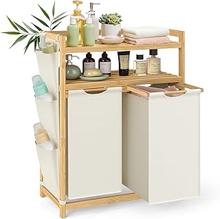 SONGMICS Wäschekorb 2 Fächer, Bambus, Wäschesammler 100 L, Wäschesortierer, mit Ablagen, Wäs…