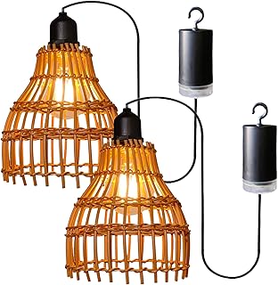 2er Pack Hängelampe Outdoor, Boho Rattan Hängelampe mit Fernbedienung, Lampe Außen Hängeleuch…
