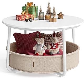 VASAGLE Couchtisch rund, Tisch mit Stauraum, Beistelltisch, Wohnzimmertisch mit Korb aus Stoff, m…