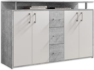 DRIFT Sideboard mit Ablage in Beton Optik, Weiß – Moderne Kommode mit Schubladen und viel Staura…