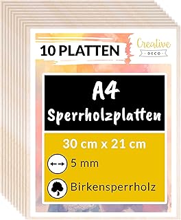 Creative Deco 10 x A4 Sperrholzplatte 5mm Birkensperrholz | 300 x 210 (+/- 2) mm | Dünne Holz-Zu…