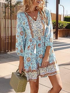 Damen Boho Minikleid Sommer Blumen 3/4 Langarm V-Ausschnitt Flowy Lose Casual Strandkleider