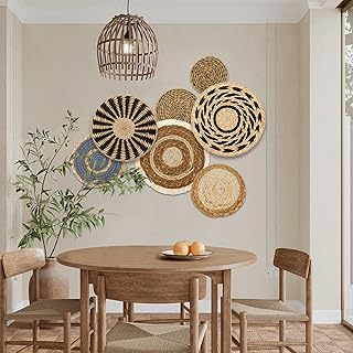 7 Stück Boho Wandkorb Rattan Wall Decor, Runde Gewebte Wanddekoration Handgefertigt Flach Wandbe…