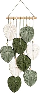 Jlnmmn Makramee Wandbehang Boho Deko Makramee Wandteppich mit Holzperlen und Grün Blätter Tapis…