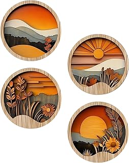 Boho Kunst Wanddeko,Boheme Wandkunst – 4er-Set Runde Holzrahmen Mit Geometrischem Design Rustikal…