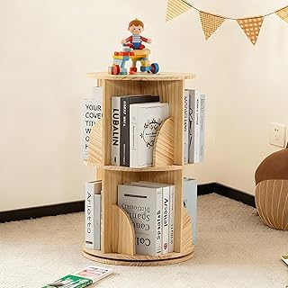 Mingone Bücherregal Kinder 360° Drehbar, 2-Ebenen Drehregal aus Massivholz, Standregal & Schrei…