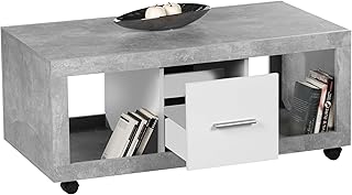 STONE Moderner Couchtisch auf Rollen in Beton Optik, Weiß – mobiler Sofatisch mit Ablagefächern…