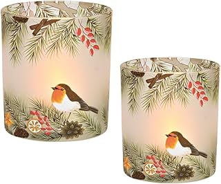 2er Set edle Teelicht-Gläser Rotkehlchen Windlichter aus Glas mit Vogel & Zweigen Kerzen-Stände…