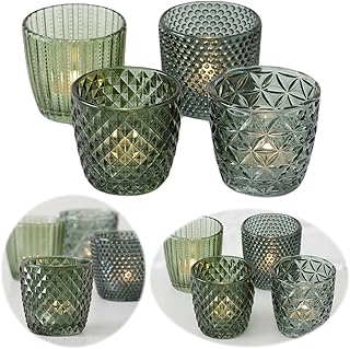 LS-LebenStil 4X Glas Teelichthalter Retro Grün 7cm 4´er Set Kristall Ornament Teelicht-Gläser …