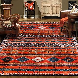 Teppich Vintage 150 x 200 cm Kurzflor Teppich, Geometrie-Streifendesign, Tiefes Orangegelb, Wasch…