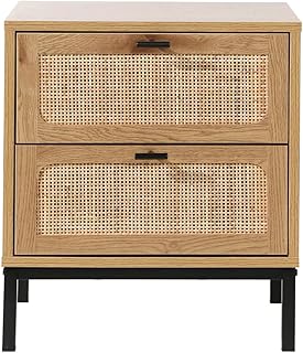 CALICOSY – Nachttisch mit 2 Schubladen – Eichenoptik – Rattangeflecht – Spanplatten – Füße und …