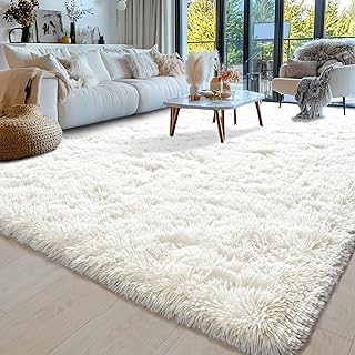 Hochflor Teppich Wohnzimmer 140x200cm, Creme Fuzzy Shaggy Flauschiger Teppich für Schlafzimmer T…