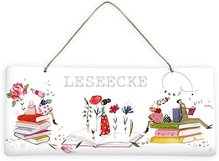 Blechschild zum Aufhängen „Leseecke“ | Wanddeko Metall quer | Metallschild mit Büchern und Vint…
