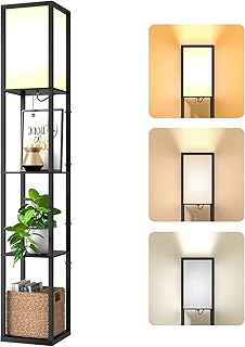 Stehlampe mit Regal aus Holz, Stehlampe Wohnzimmer mit E27 Birne 3 Farbtemperatur, Stehleuchte 1….