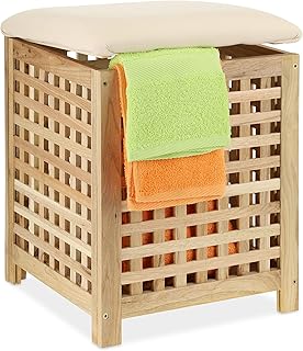 Relaxdays Wäschekorb mit Sitz, Walnussholz, Stoff, HxBxT: 50 x 39 x 39 cm, 45 l Wäschebox, Badh…