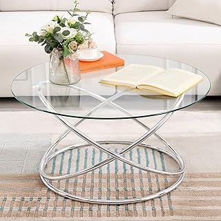 Bekrvio couchtisch rund,Wohnzimmertisch mit Silber Metall Bein,glastisch Wohnzimmer,Coffee Table …
