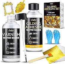 Blattgold Kleber Set – 100g Wasserbasierter Kleber und 100g Glanzlack mit Pinsel, 100 Stück Blat…