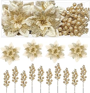 Alupssuc 24 Pcs Weihnachten Glitter Tree Picks,12Pcs Kunstblumen Weihnachten und 12Pcs dekorative…