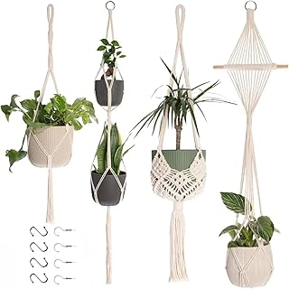 Makramee Blumenampel Hängend Innen, 4er Set Boho Deko Makramee Hängeampel mit Haken, Baumwollse…