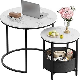 WLIVE Couchtisch 2er Set, Beistelltisch Rund mit Stauraum, Wohnzimmertisch Holz mit Metallrahmen,…