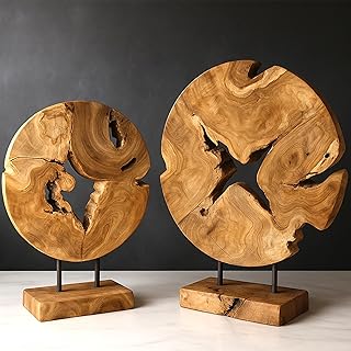 Teakholz Deko Abstrakte Skulptur auf Sockel Massiv-Holz Accessoire Dekofigur Wurzel Handeschnitzt…