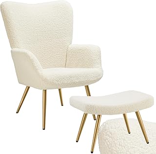 tectake® Skandinavischer Stil Ohrensessel, Sessel Hygge mit Hocker, Breitcordbezug, Sessel Wohnz…