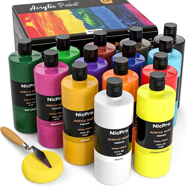 Nicpro Acrylfarben Set 14 x 500 ml, Große Flasche Acrylfarbe in 14 Farben, Reichhaltige Malfarbe…
