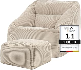 Icon Natalia Sitzsack Sessel mit Hocker für Erwachsene, Beige, Flauschiger Cord Stoff, Riesen Si…