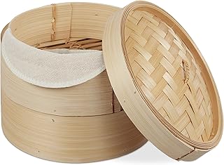 Relaxdays Bambus Dampfgarer, asiatischer Dämpfkorb mit 2 Etagen, für Dim Sum, Reis, Dampfgarer …