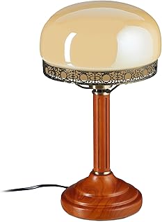 Relaxdays Tischlampe Rund Holzfuß Nostalgie Jugendstil Look, beige/Messing-Optik 10016611, Antik