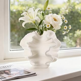 Keramik Vase Beige, Welle Blumenvase Modern, Ästhetische Deko Vase für Wohnzimmer Büro Schlafz…
