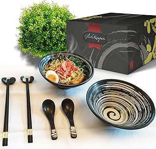Japanisches Ramen Schüssel Set aus Keramik (8-tlg), groß: 20 cm Durchmesser | Bowl Suppenschüs…