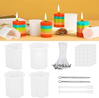 VIKY® Kerzen Ziehen Set DIY Komplettset – 4 Silikonformen Gießformen + 50 Dochte 10cm mit Halte…