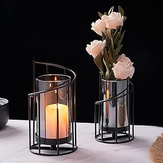 2er Set Windlicht Schwarz, Kerzenständer aus Metall mit mit Rauchglas Zylinder, Modernes Windlic…