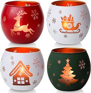 Glas Weihnachts Kerzenhalter 4er Set, Teelichthalter in Weiß, Rot, Grün – Weihnachtsdeko innen,…