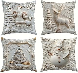 Weiße Relief-Kissenbezüge, ästhetische Weihnachts-Kissenbezüge, 45,7 x 45,7 cm, Weihnachtsman…
