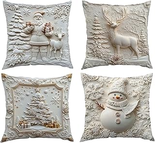 Weihnachtskissen 4er Set, 45×45 cm – 3D Relief Kissenbezüge mit Schneemann & Rentier Design – Fe…