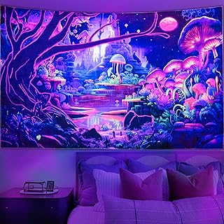 Cyiecw Schwarzlicht Wandteppich Aesthetic, UV Reaktive Pilz Deko Tapestry,Fluoreszierend Pflanzen…