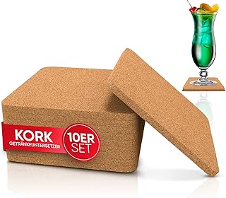 wortek Untersetzer Gläser Korkuntersetzer eckig – 10er Set Kork Untersetzer 10cm Korkplatte – Ti…