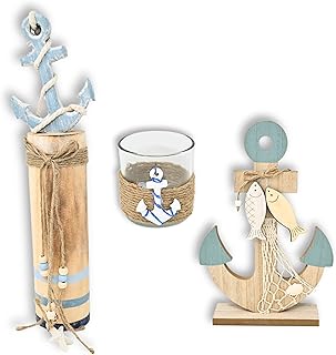 3X Maritimes Deko Set – Set aus Holz Anker, Teelichthalter & Holzsäule mit Segelboot – Segel…