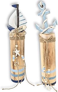 2X Maritimes Deko Set 36×10 cm – Natur Holz Säule mit Segelboot & Anker – Segelschiff Holzpf…